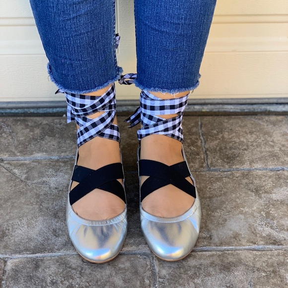 Silver Chunky Laces Ankle Tie Wrap Ballet Flats - Picture 4 of 7